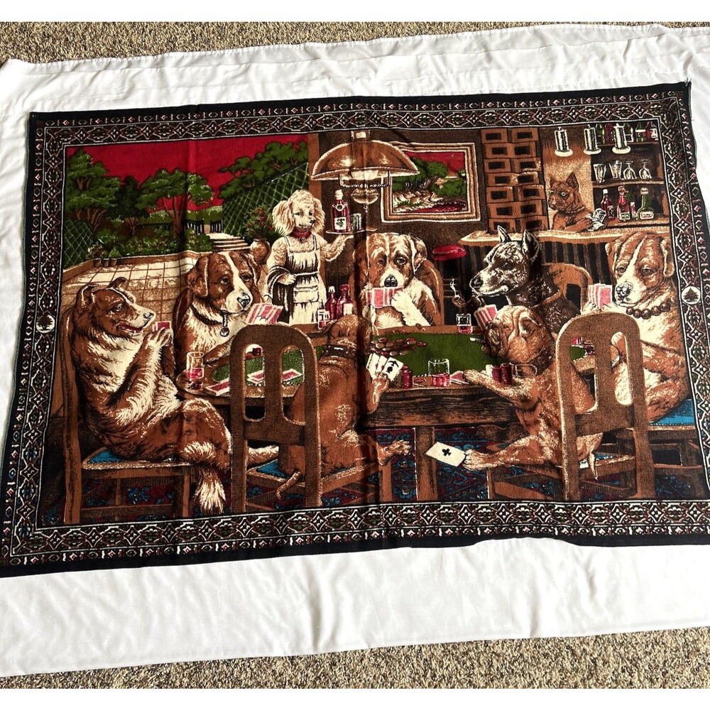 Vintage 70s Cotton Tapestry Wall Hanging Dogs Playing Poker 37x 54 Wall Art RTC